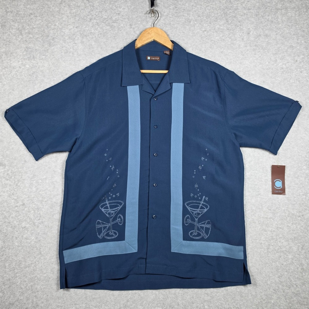 Centro Shirt Mens Size Large Insignia Blue Martini Embroidery‎ Cuban Button Down